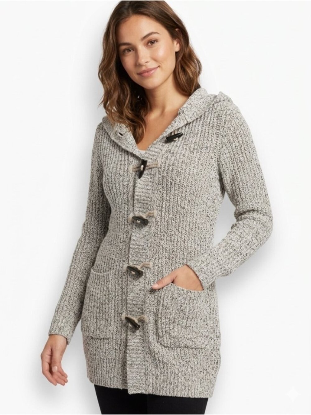 Roots Canada Longline Marled Knit Hooded Toggle Cardigan Sweater Jacket Sm - 552